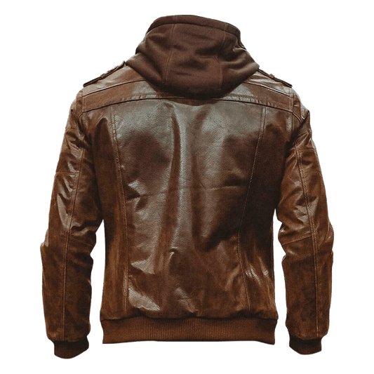 Men Brown Leather Motorcycle Jacket with Removable Hood | Mens Bown Leather Moto Jacket with Removable Hood - Button Stitched