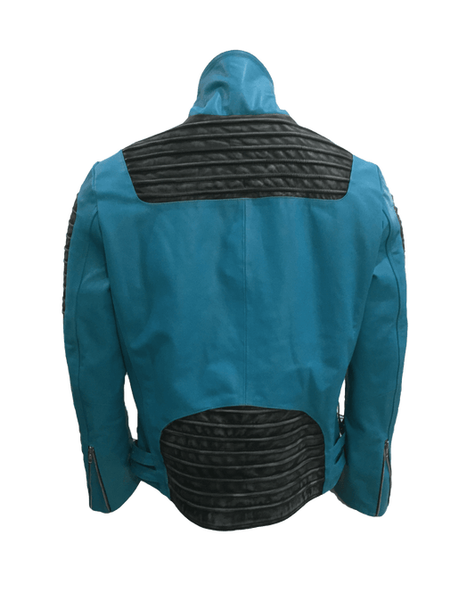 Cafe Racer Quilted Style Blue Leather Jacket | Mens Quilted Cafe Racer Leather Jacket - Button Stitched