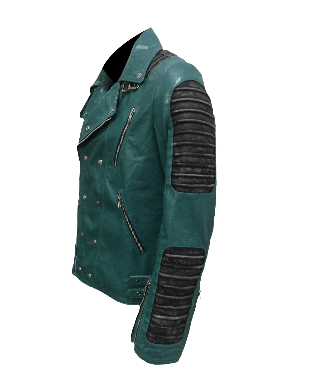 Cafe Racer Quilted Style Cyan Leather Jacket | Mens Quilted Cyan Leather Jacket - Button Stitched