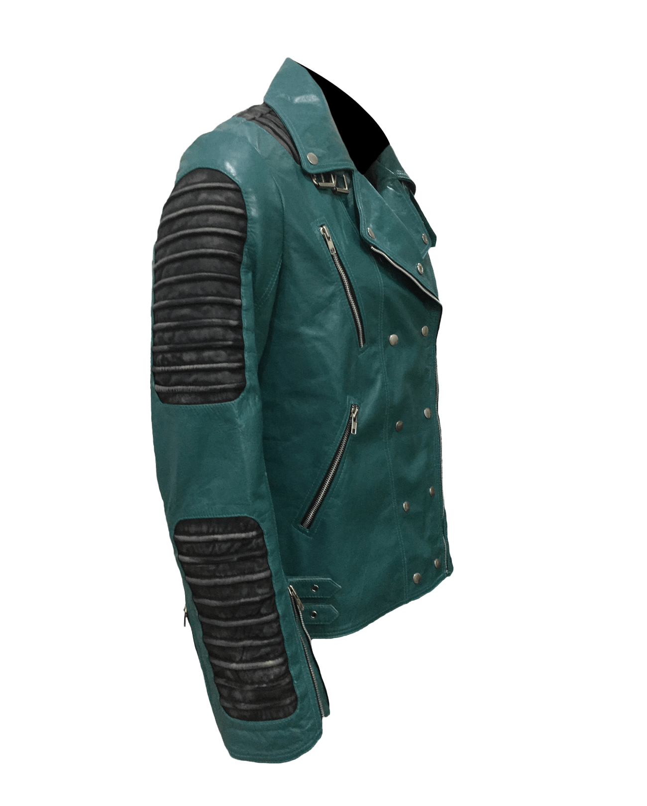 Cafe Racer Quilted Style Cyan Leather Jacket | Mens Quilted Cyan Leather Jacket - Button Stitched