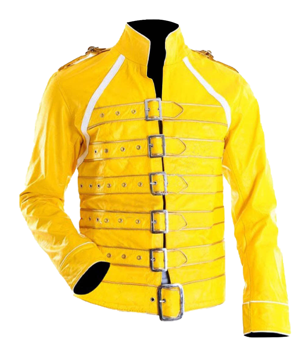 Men Yellow Pop Rock Freddie Mercury Costume Leather Jacket | Costume Leather Jacket - Button Stitched
