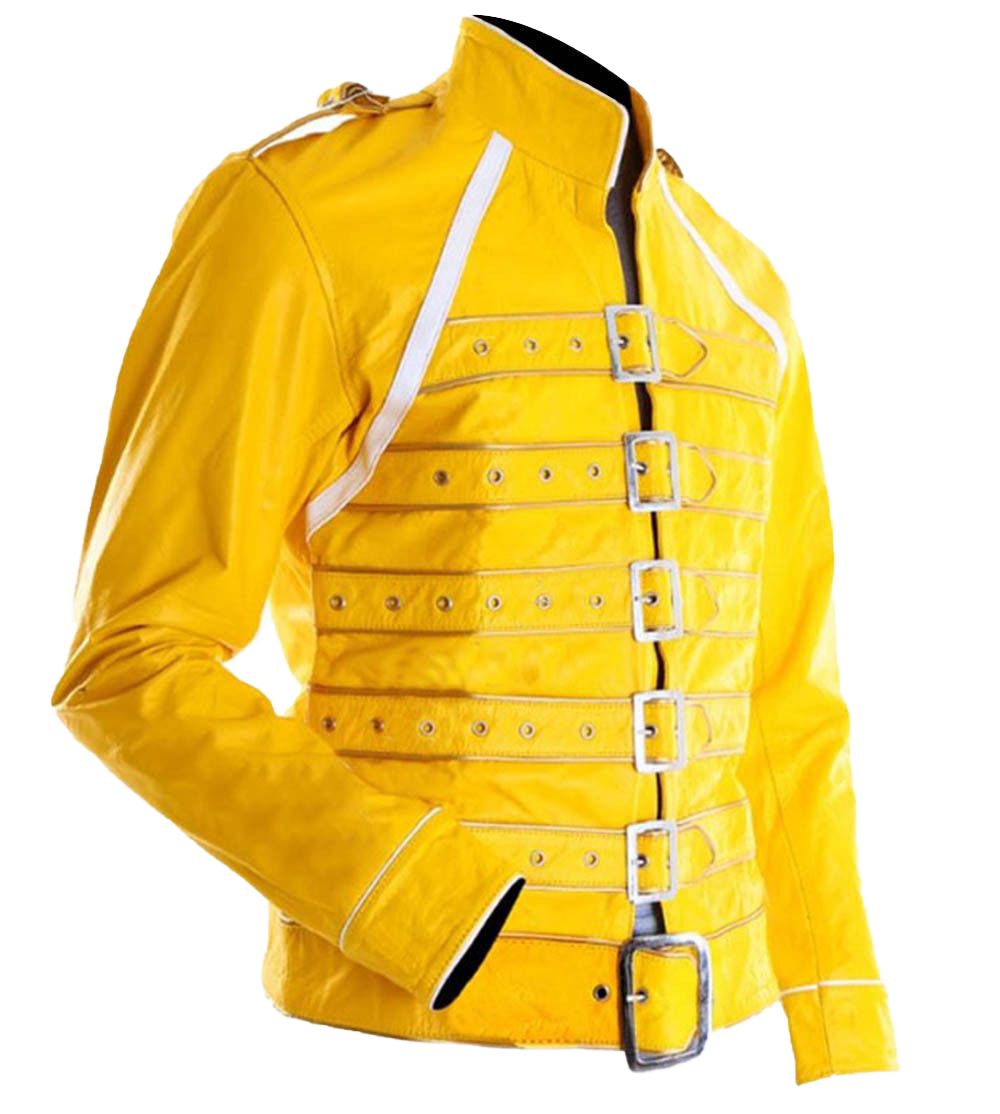 Men Yellow Pop Rock Freddie Mercury Costume Leather Jacket | Costume Leather Jacket - Button Stitched
