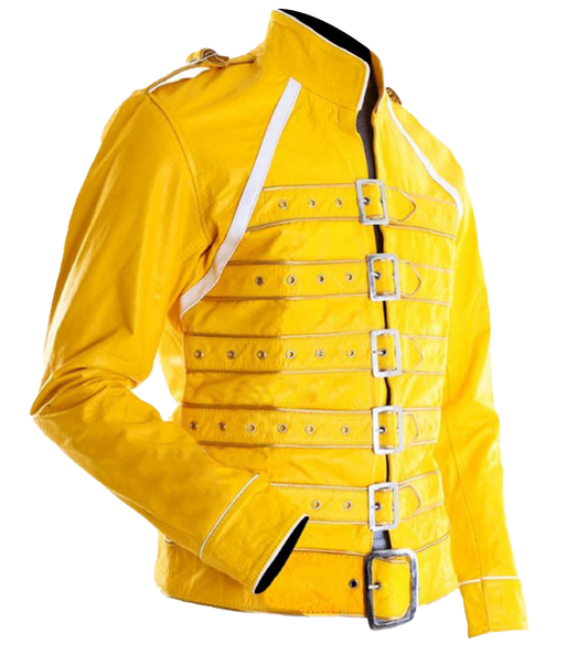 Men Yellow Pop Rock Freddie Mercury Costume Leather Jacket | Costume Leather Jacket - Button Stitched