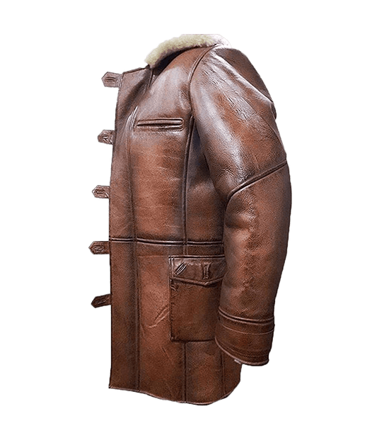 Men’s Waxed Brown Genuine Leather Artificial Fur Coat Jacket | Mens Faux Sherling Brown Leather Jacket - Button Stitched