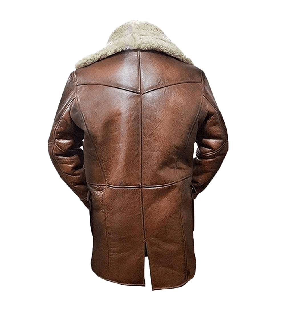 Men’s Waxed Brown Genuine Leather Artificial Fur Coat Jacket | Mens Faux Sherling Brown Leather Jacket - Button Stitched