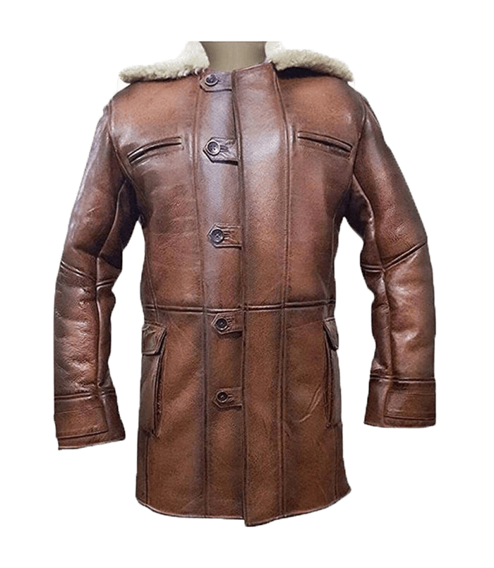 Men’s Waxed Brown Genuine Leather Artificial Fur Coat Jacket | Mens Faux Sherling Brown Leather Jacket - Button Stitched