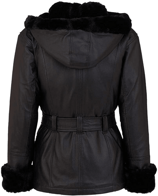 Women’s Furry Genuine Black Leather Faux Fur Coat With Hoodie | Womens Black Leather Jacket Faux Fur Sherling Coat - Button Stitched
