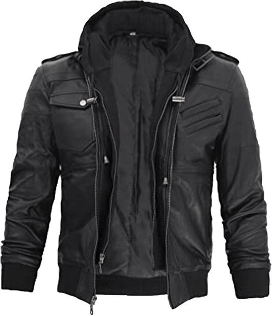 Men Black Leather Motorcycle Jacket with Removable Hood | Men Black Motorcycle Leather Jacket with Removable Hood - Button Stitched