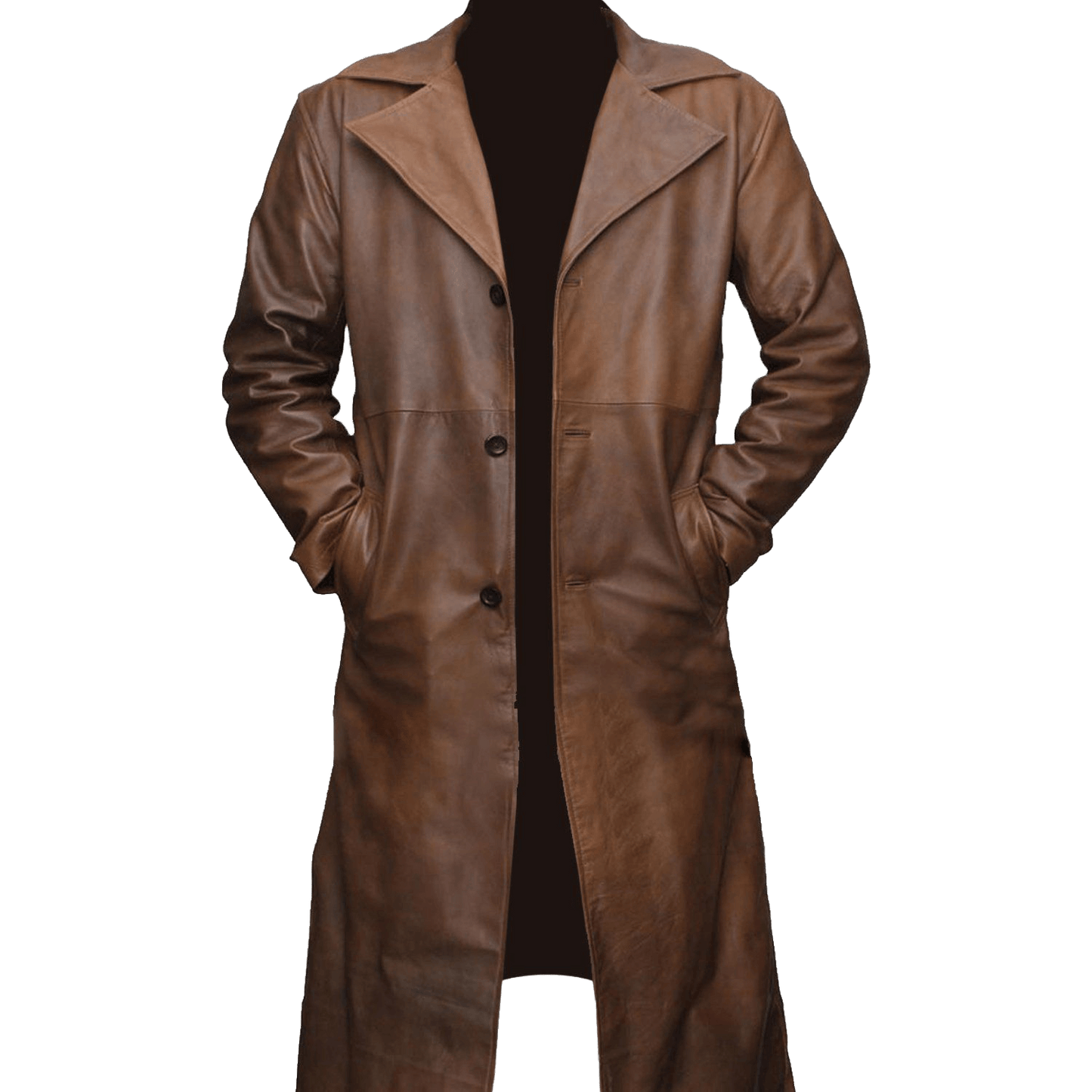 Men’s Waxed Brown Genuine Leather Trench Coat | Mens Waxed Brown Leather Trench Coat - Button Stitched