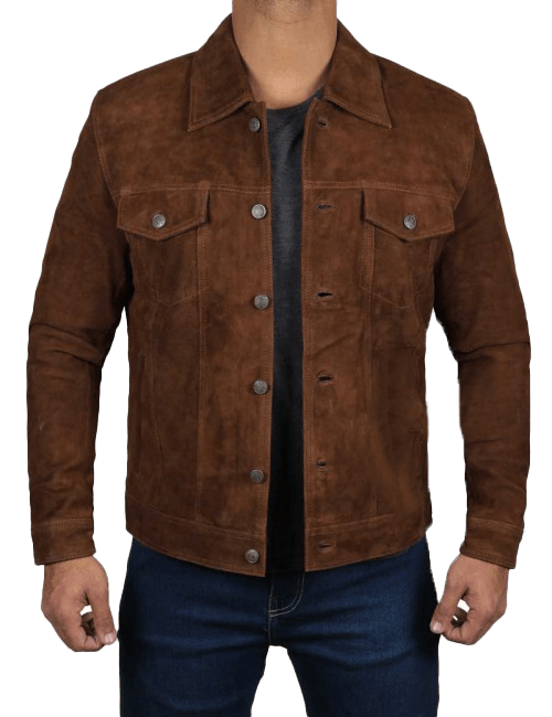 Men's Logan Cowboy Style Brown Suede Leather Jacket - Button Stitched