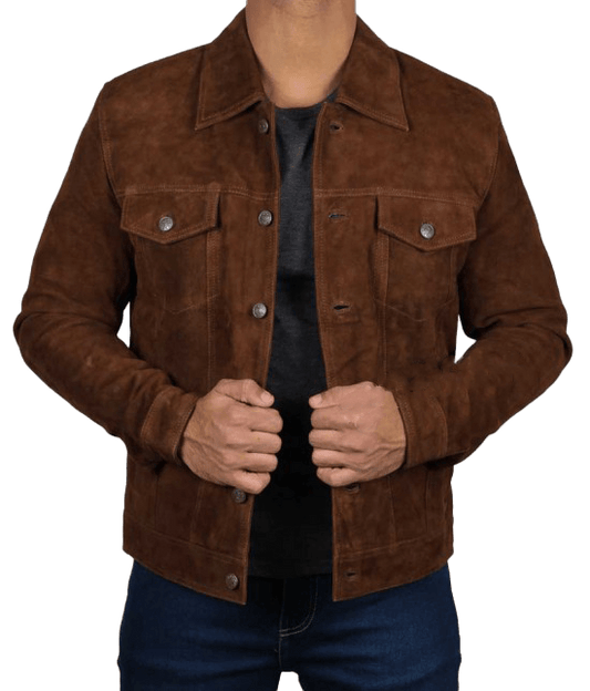 Men's Logan Cowboy Style Brown Suede Leather Jacket - Button Stitched