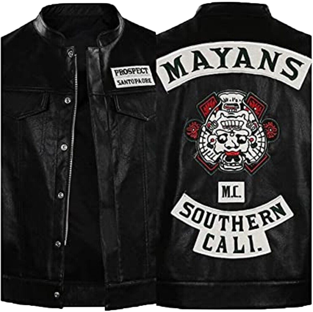 Mens JD Pardo Mayans MC Northern Cali Ezekiel Reyes Biker Black Leather Vest | Mens Biker Black Leather Jacket - Button Stitched