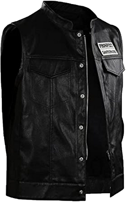 Mens JD Pardo Mayans MC Northern Cali Ezekiel Reyes Biker Black Leather Vest | Mens Biker Black Leather Jacket - Button Stitched