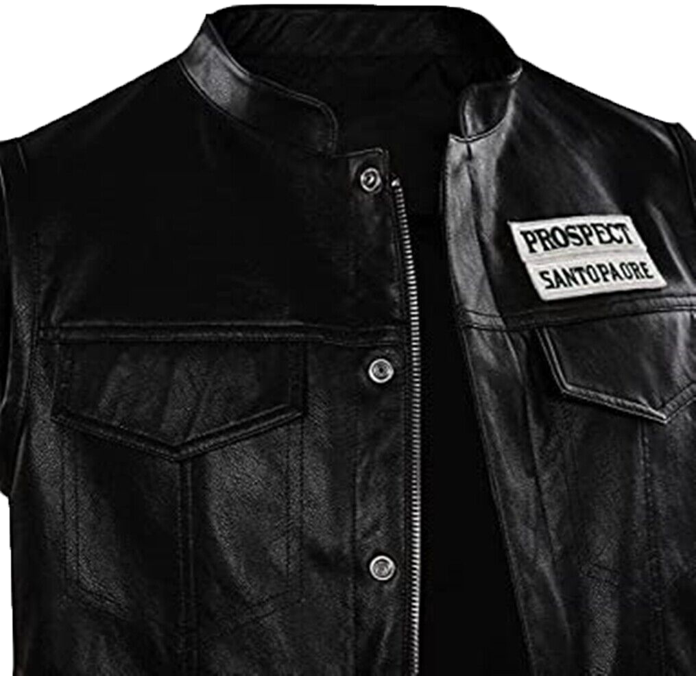 Mens JD Pardo Mayans MC Northern Cali Ezekiel Reyes Biker Black Leather Vest | Mens Biker Black Leather Jacket - Button Stitched