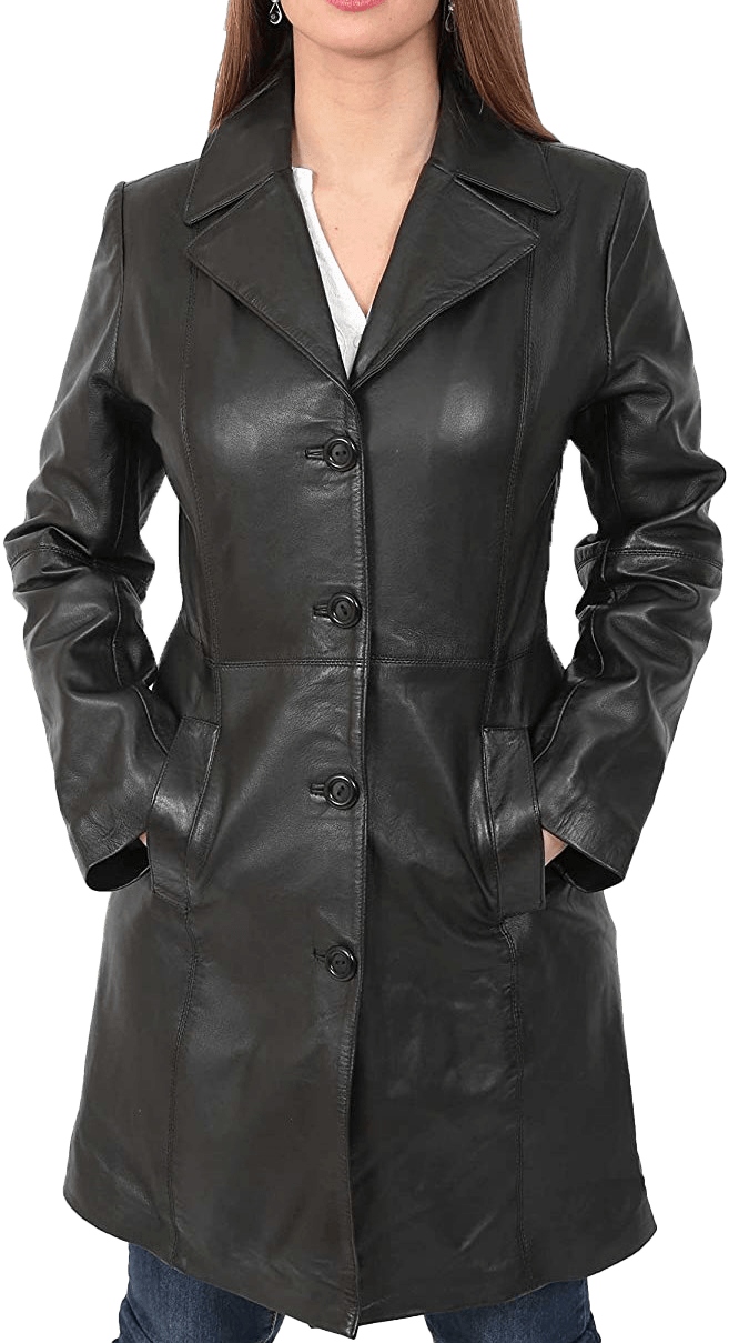 Women’s Quarter Leather Pea Coat | Womens Black Leather Pea Coat - Button Stitched