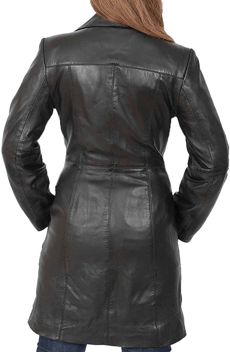 Women’s Quarter Leather Pea Coat | Womens Black Leather Pea Coat - Button Stitched