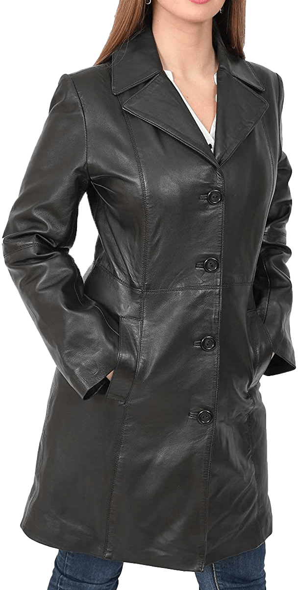 Women’s Quarter Leather Pea Coat | Womens Black Leather Pea Coat - Button Stitched