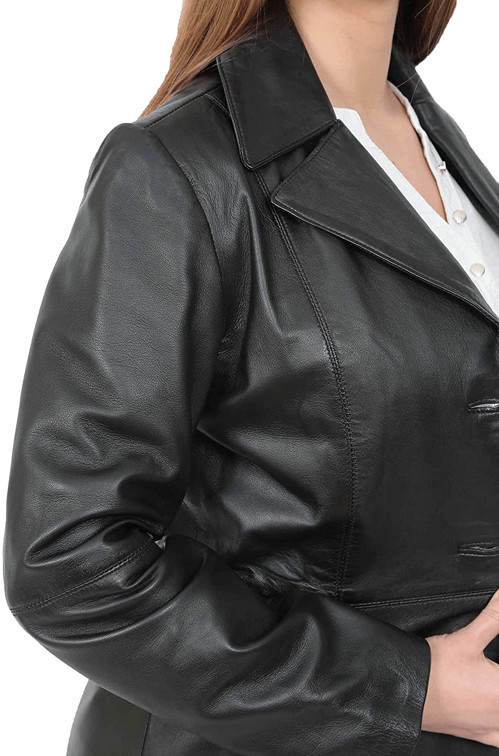 Women’s Quarter Leather Pea Coat | Womens Black Leather Pea Coat - Button Stitched