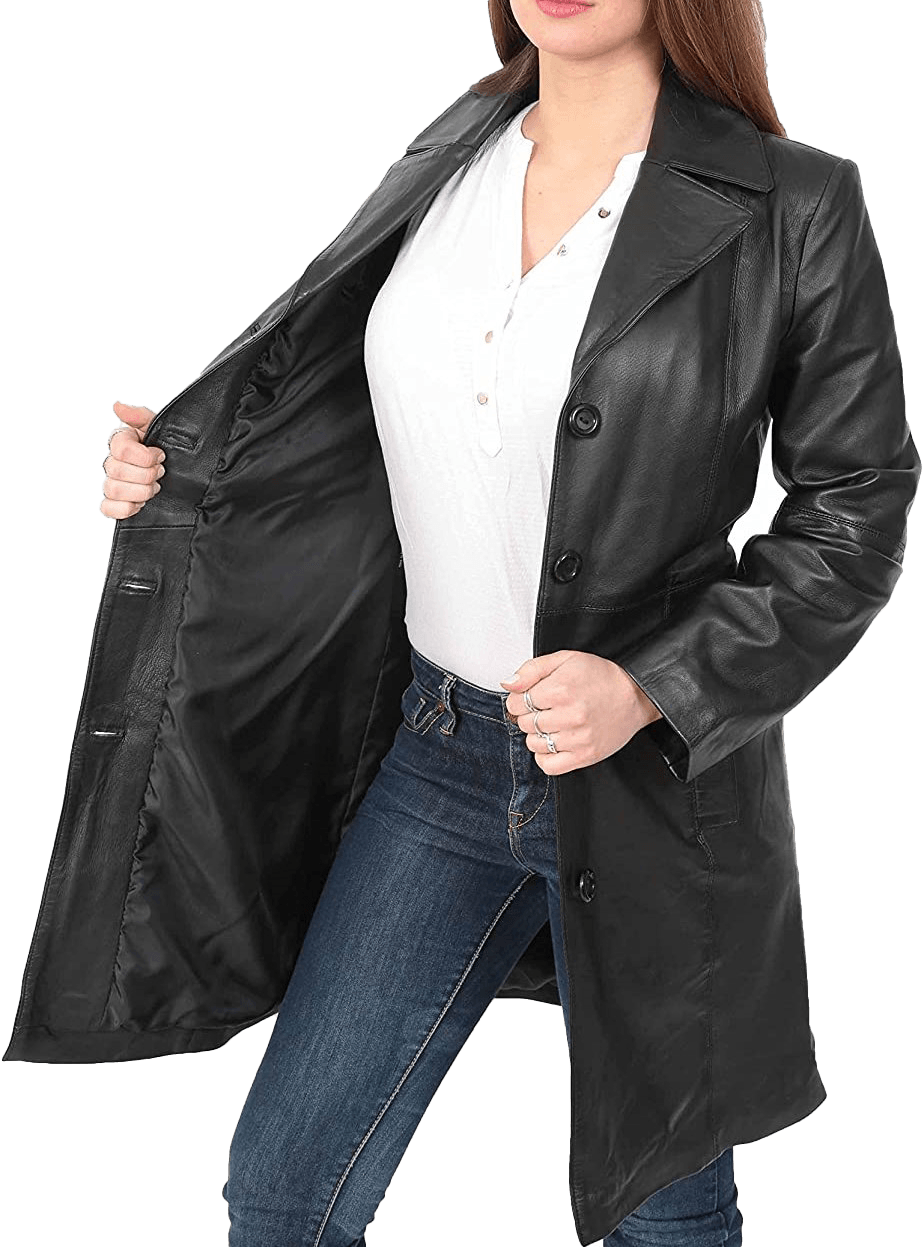 Women’s Quarter Leather Pea Coat | Womens Black Leather Pea Coat - Button Stitched