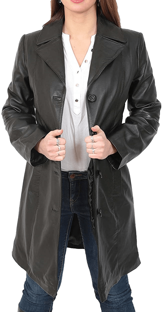 Women’s Quarter Leather Pea Coat | Womens Black Leather Pea Coat - Button Stitched