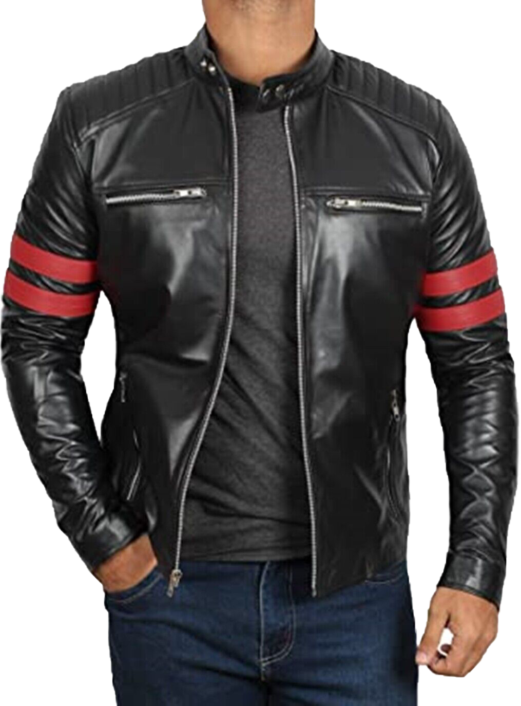 Mens Black Cafe Racer Retro 100% Real Lambskin Leather Jacket | Mens Black Cafe Racer Leather Jacket - Button Stitched