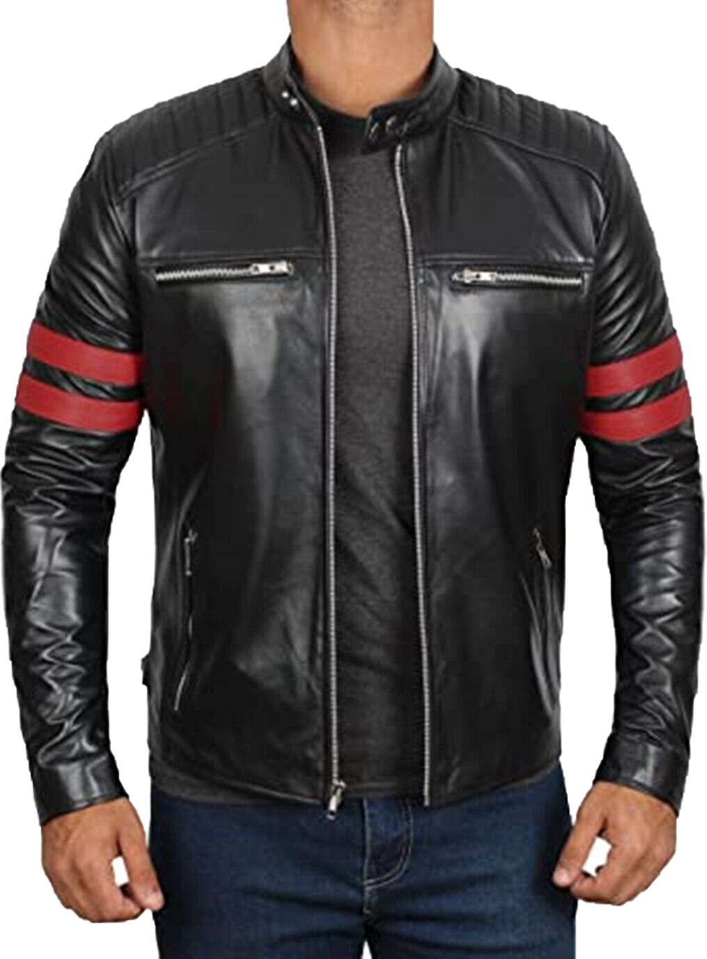 Mens Black Cafe Racer Retro 100% Real Lambskin Leather Jacket | Mens Black Cafe Racer Leather Jacket - Button Stitched