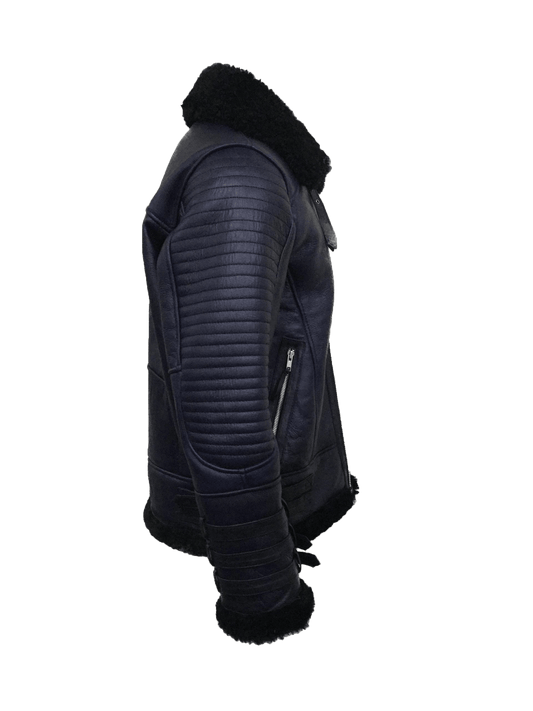 B3 Johnson Style Quilted Style Shearling Jacket | Mens Quilted Sherling Black Leather Jacket - Button Stitched