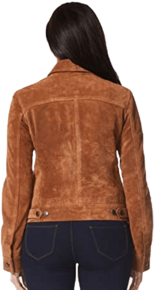 Women Trucker Real Leather Jacket Tan Suede Casual Fashion Shirt Jacket 1680 | Women Trucker Suede Leather Jacket - Button Stitched