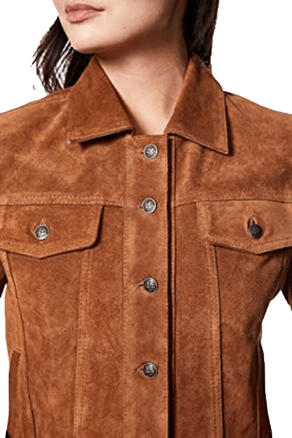 Women Trucker Real Leather Jacket Tan Suede Casual Fashion Shirt Jacket 1680 | Women Trucker Suede Leather Jacket - Button Stitched