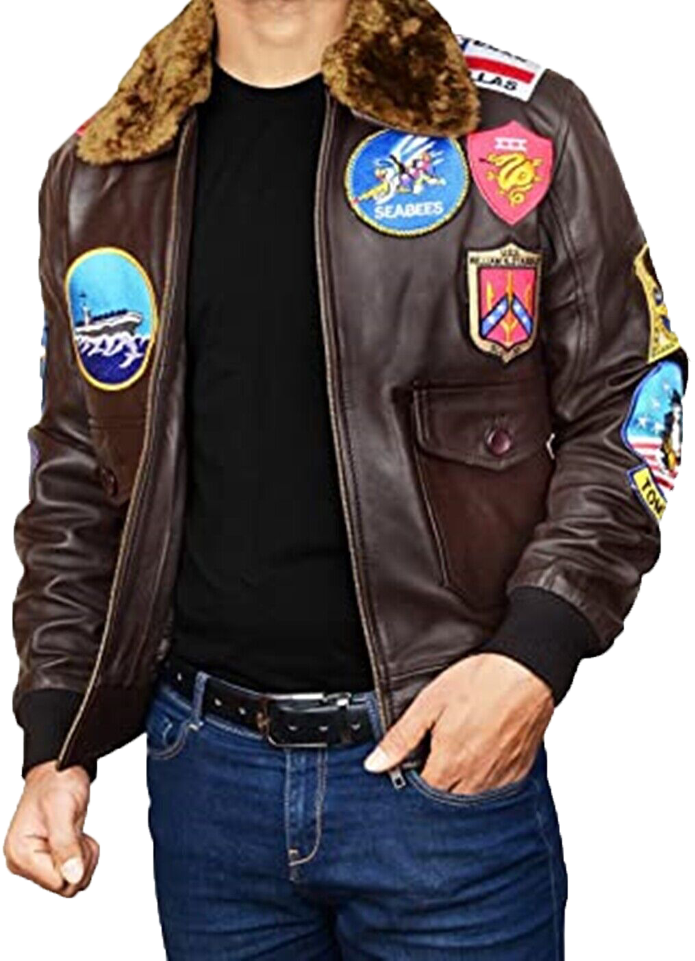 Mens Topgun Aviator USAAF Fur Collar Pilot Flying Tom Cruise Multiple Patches - Button Stitched