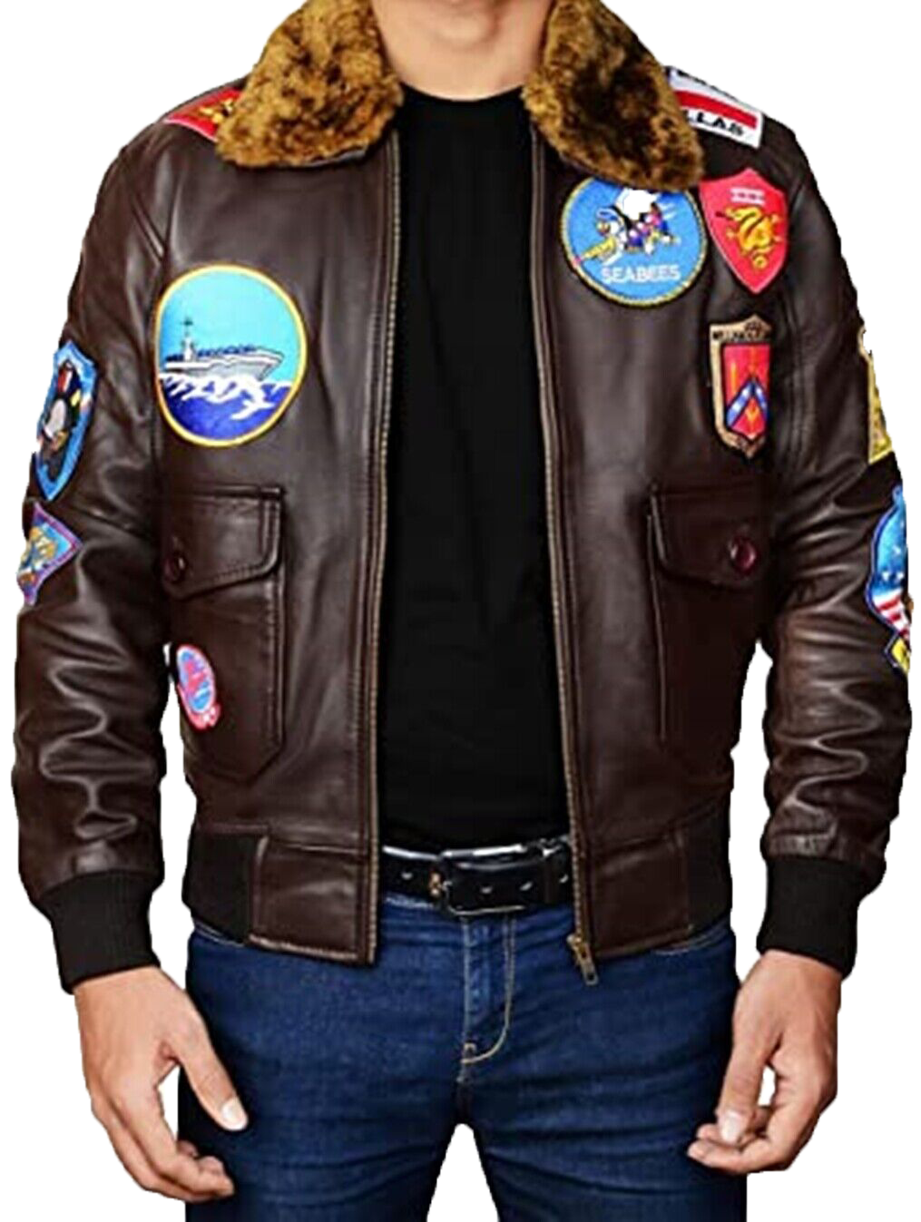 Mens Topgun Aviator USAAF Fur Collar Pilot Flying Tom Cruise Multiple Patches - Button Stitched