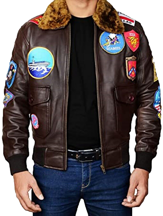 Mens Topgun Aviator USAAF Fur Collar Pilot Flying Tom Cruise Multiple Patches - Button Stitched