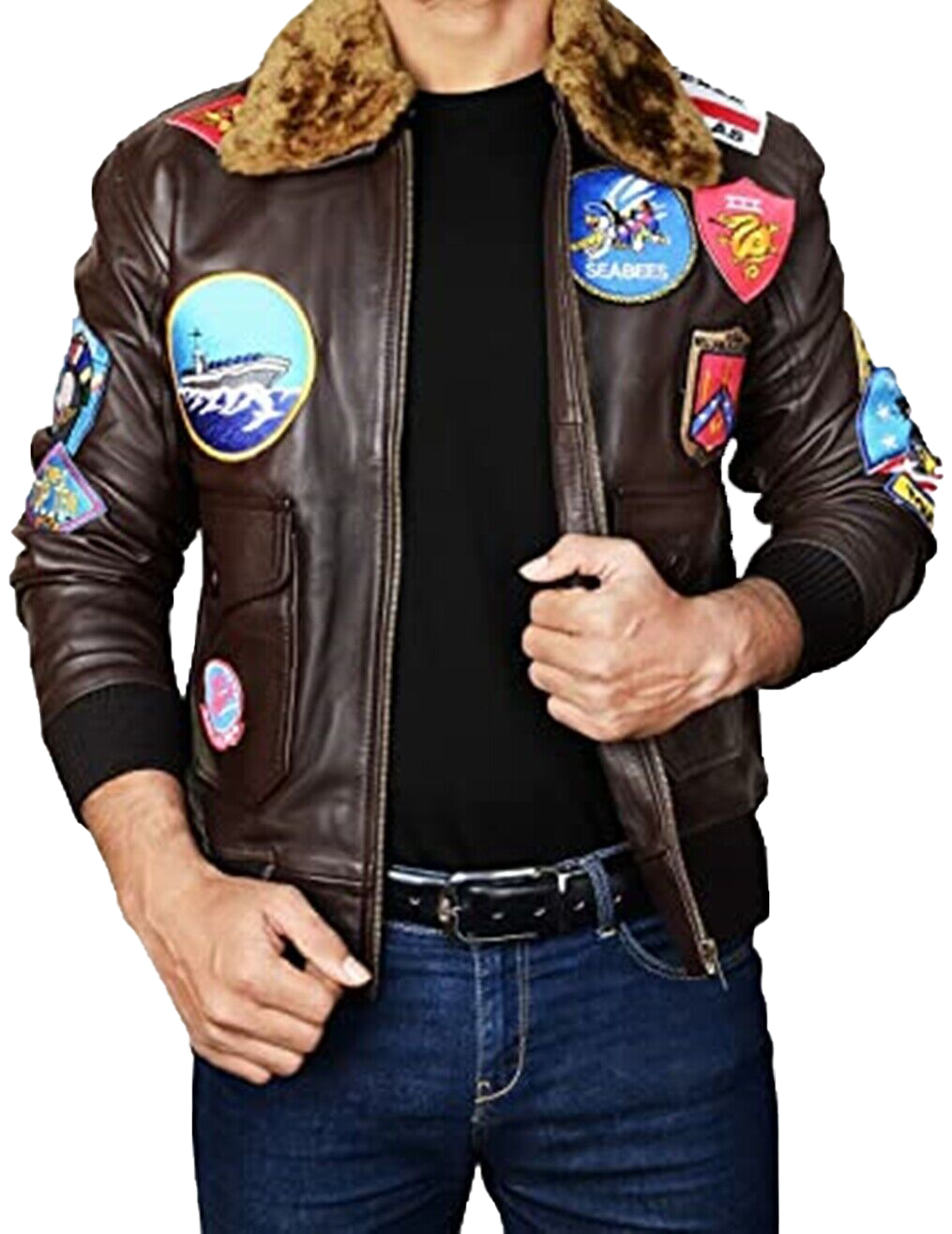Mens Topgun Aviator USAAF Fur Collar Pilot Flying Tom Cruise Multiple Patches - Button Stitched