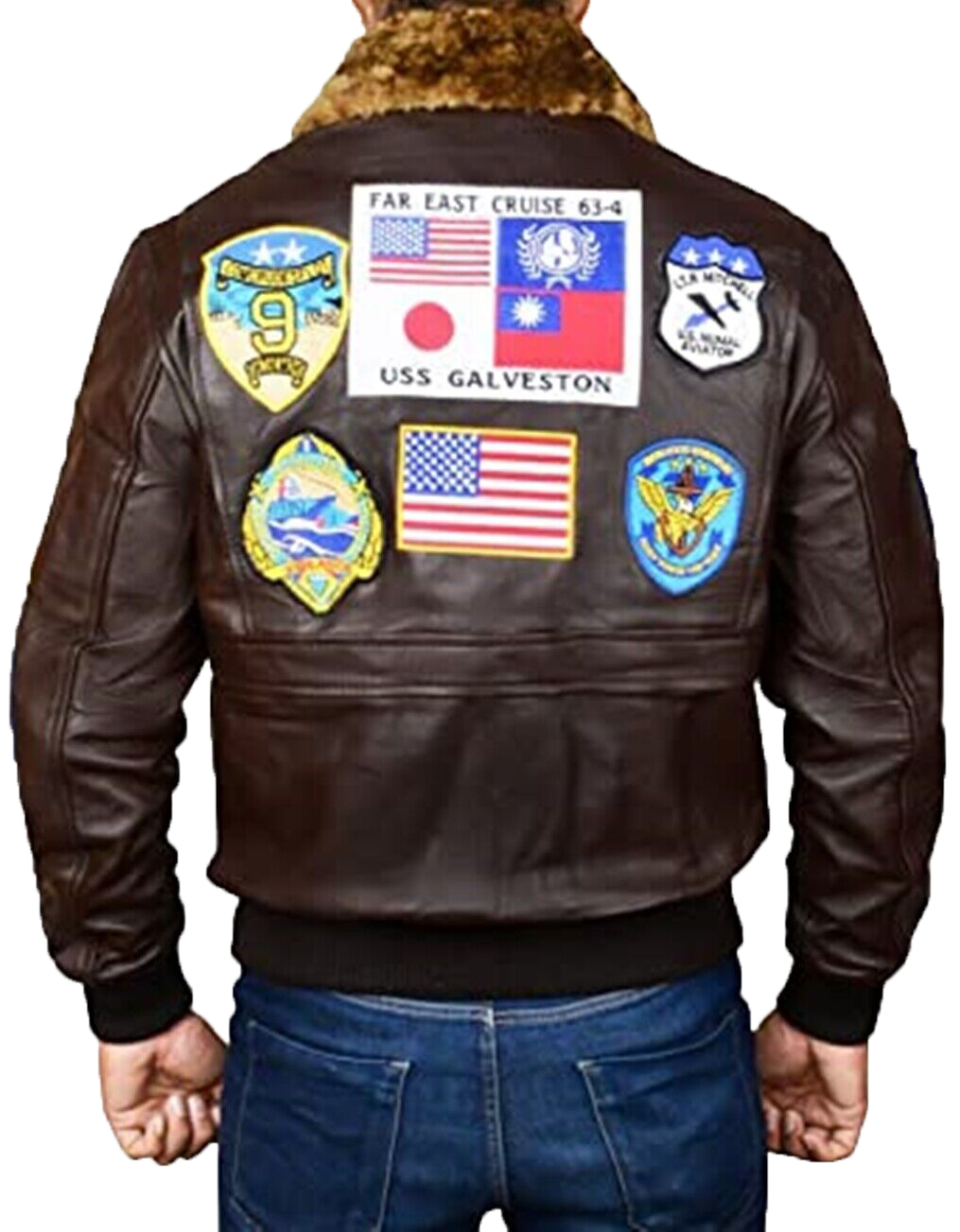 Mens Topgun Aviator USAAF Fur Collar Pilot Flying Tom Cruise Multiple Patches - Button Stitched