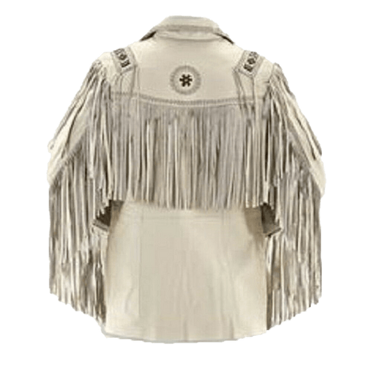 Men Native American Western Cowboy Leather Jacket Suede Leather Fringe & Beaded - Button Stitched