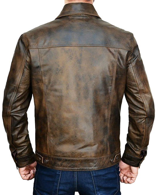 Western Trucker Leather Shirt Jacket Over Shirt Button Down Moto Motorcycle Coat | Leather Jacket Motorcycle Coat - Button Stitched
