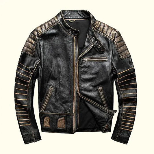 Revive Your Style with the Legendary 7-Sized Men's Vintage Biker Distressed Black Leather Jacket! - Button Stitched