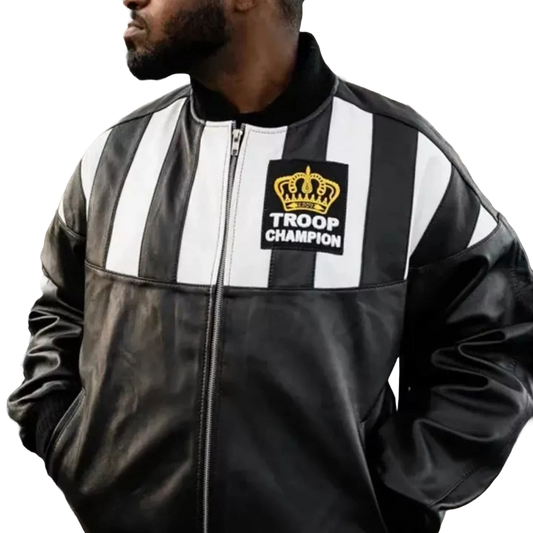 Men’s Troop Champion Leather Jacket – Black & White Retro Hip-Hop Streetwear Bomber