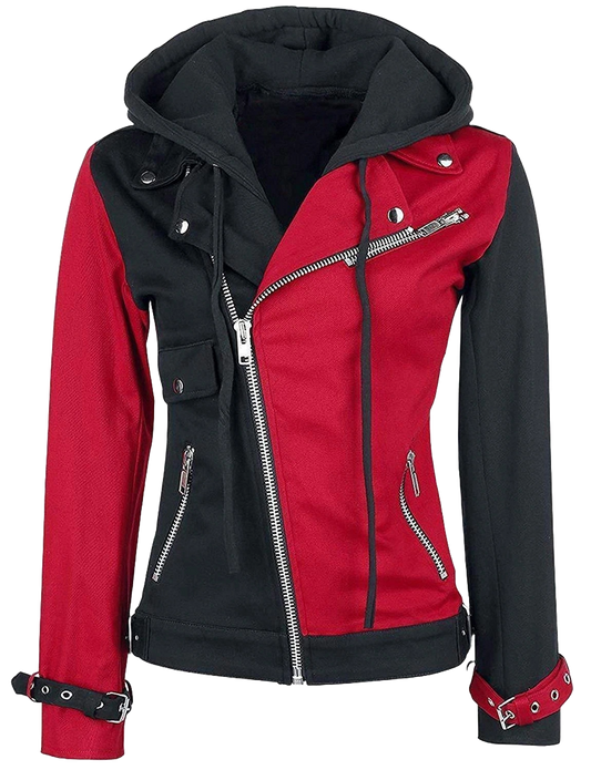 Women’s Harley Quinn Red & Black Biker Hoodie Jacket – Psychotic Cotton Zip-Up Cosplay Halloween Outerwear