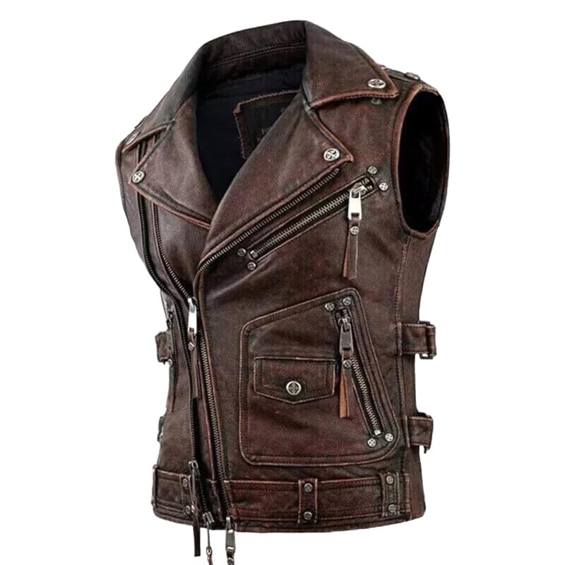 Men’s Vintage Leather Motorcycle Vest – Real Brown & Black Biker Riding Waistcoat, Western Moto Style Outerwear