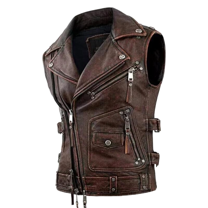 Men’s Vintage Leather Motorcycle Vest – Real Brown & Black Biker Riding Waistcoat, Western Moto Style Outerwear