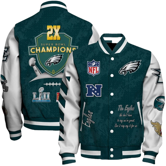Philadelphia Eagles Super Bowl LIX Champions Jacket – 2X NFL Championship Varsity Bomber for Men & Women | Official Team Fan Gear