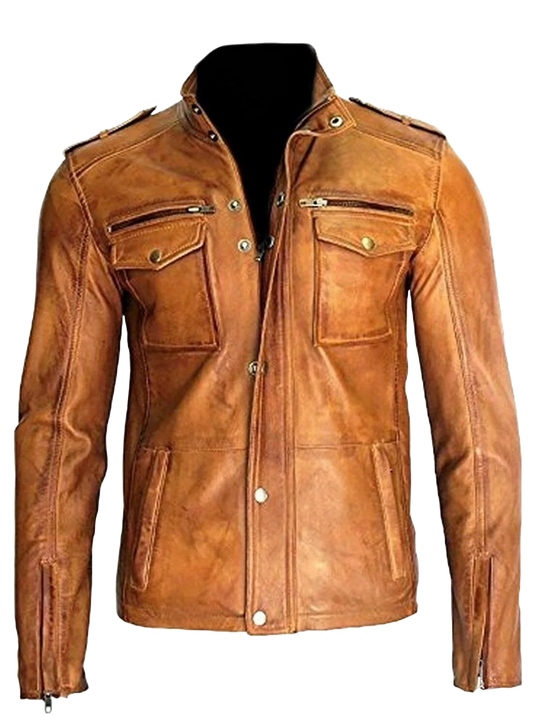 Men’s Tan Brown Distressed Lambskin Leather Biker Jacket – Motorcycle Outerwear for Rugged Street Style
