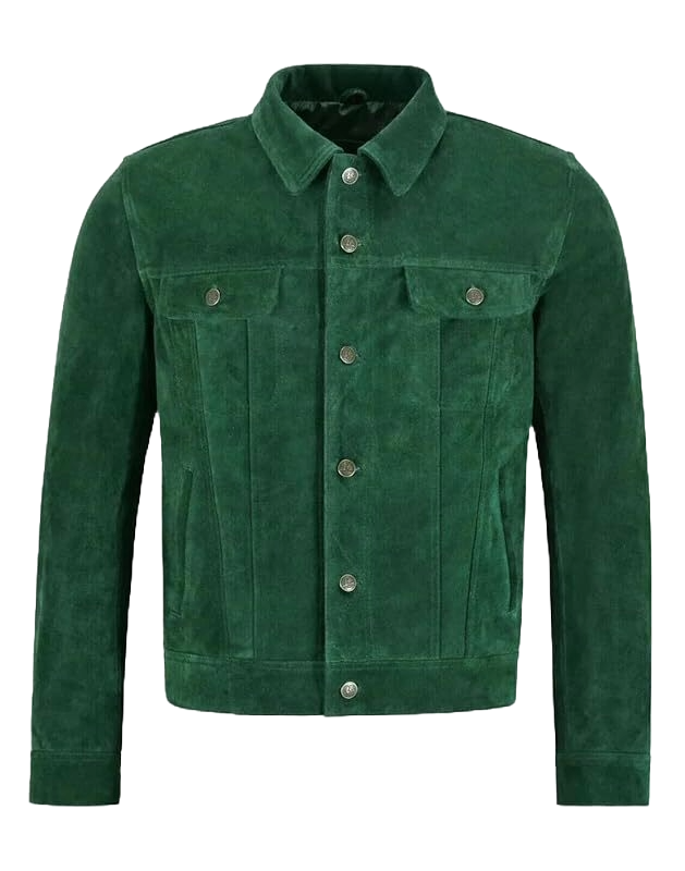 Men’s Green Suede Trucker Jacket – 100% Real Suede Leather Western Jean Style Outerwear for Casual Streetwear Fashion