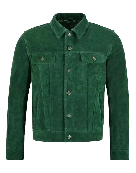 Men’s Green Suede Trucker Jacket – 100% Real Suede Leather Western Jean Style Outerwear for Casual Streetwear Fashion