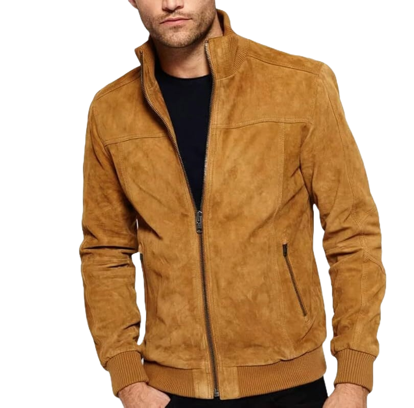Men’s Tan Suede Leather Bomber Jacket – Real Soft Leather Biker Outerwear for Fall, Casual Streetwear & Vintage Style