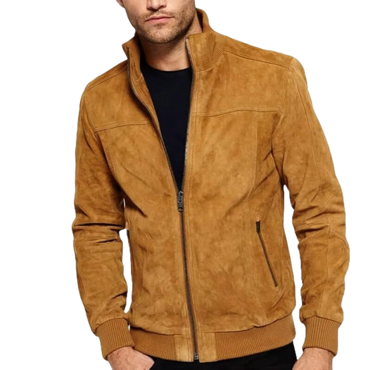Men’s Tan Suede Leather Bomber Jacket – Real Soft Leather Biker Outerwear for Fall, Casual Streetwear & Vintage Style