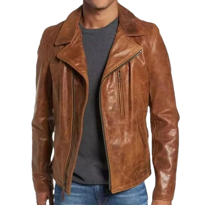 Men’s Tan Brown Lambskin Leather Biker Jacket – Brando Style Café Racer Motorcycle Riding Coat