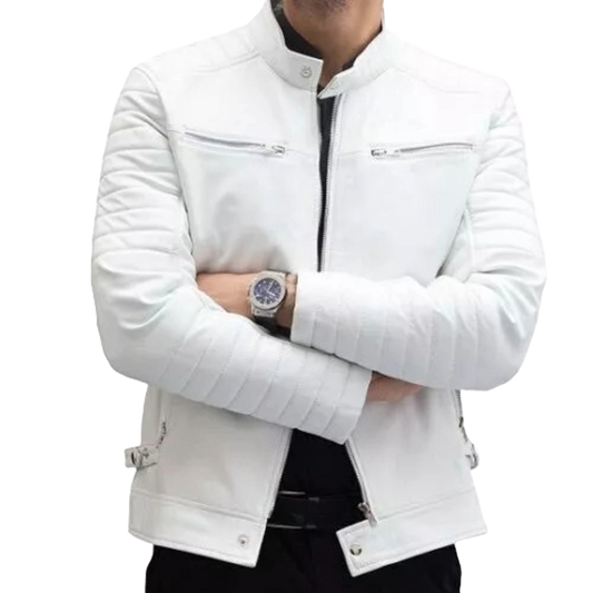 Men’s White Leather Motorcycle Jacket – Slim Fit Real Lambskin Biker Outerwear | Stylish Moto Streetwear Fashion
