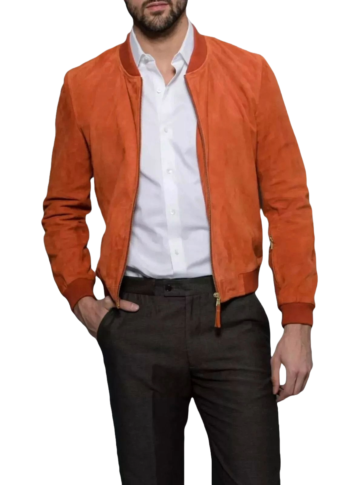 Men’s Orange Suede Bomber Jacket – Vintage Slim Fit Leather Outerwear for Streetwear & Casual Style